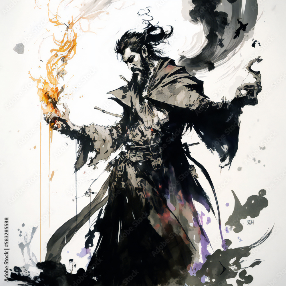 Dark Wizard Unleashing Cursed Magic, isolated on white background - watercolor style illustration background by Generative Ai