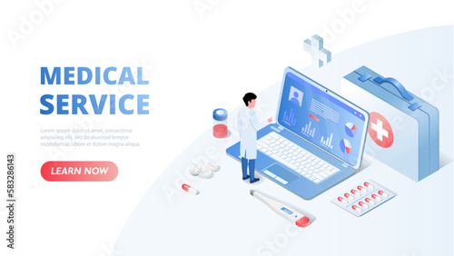 Medical service concept. Man in medical gown stands next to thermometer and bag of medicines near laptop. Health care and choosing optimal treatment method. Cartoon isometric vector illustration