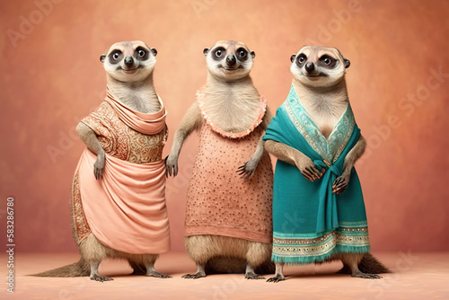 Group studio portrait of fat meerkats in clothes, created with Generative AI technology photo