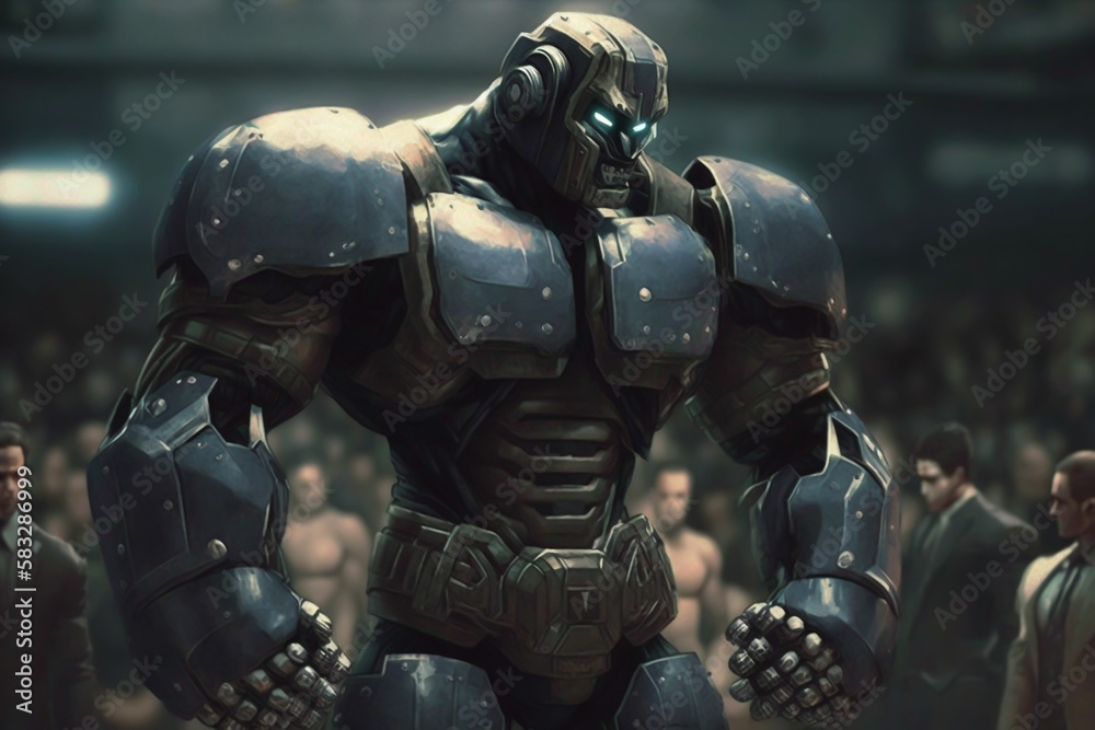 Scene with a boxer robot fighter in the arena, generative ai Scene with a boxer robot fighter in the arena, generative ai