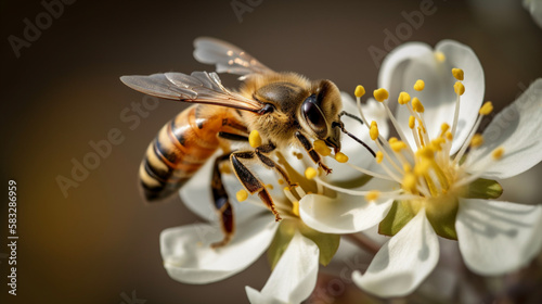 Flying honey bee pollinating a flower