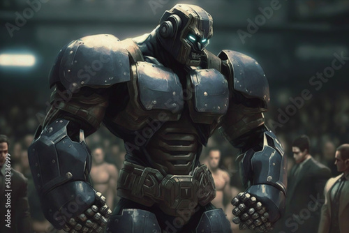Scene with a boxer robot fighter in the arena, generative ai
