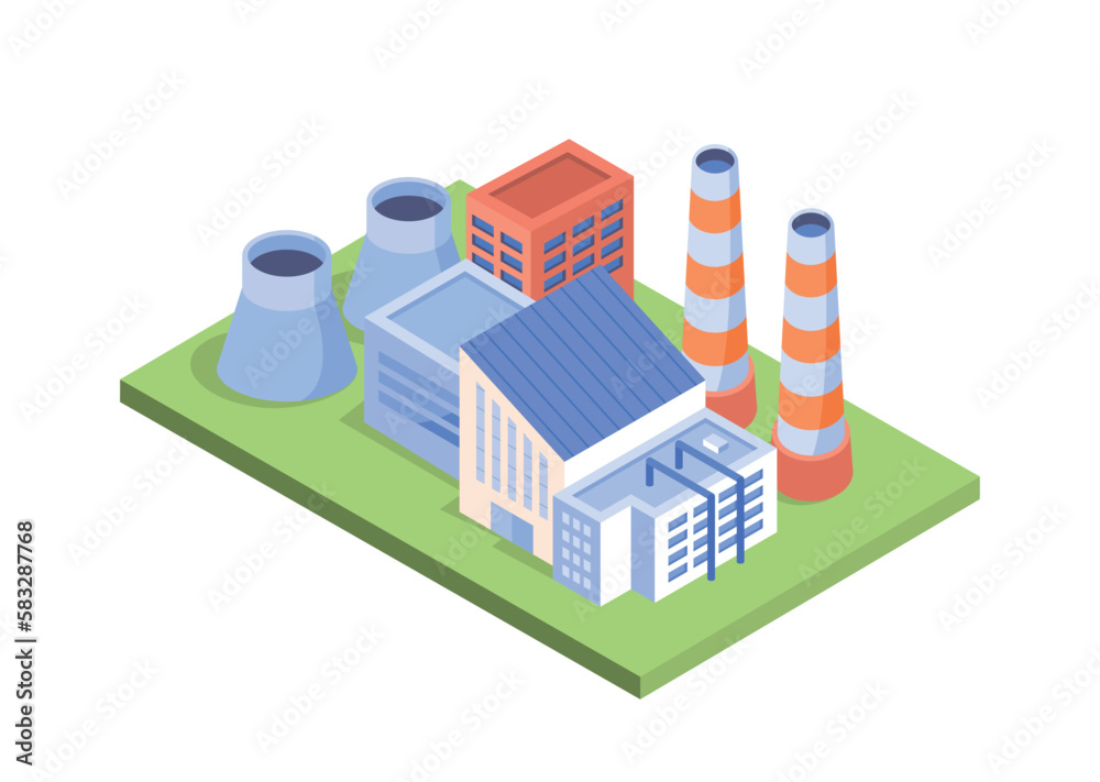 Power plant concept. Tankers and turbines next to cooling system and control building. Production of energy and electricity for city or town. Cartoon isometric vector illustration Power plant concept. Tankers and turbines next to cooling system and control building. Production of energy and electricity for city or town. Cartoon isometric vector illustration
