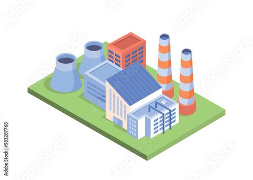 Power plant concept. Tankers and turbines next to cooling system and control building. Production of energy and electricity for city or town. Cartoon isometric vector illustration