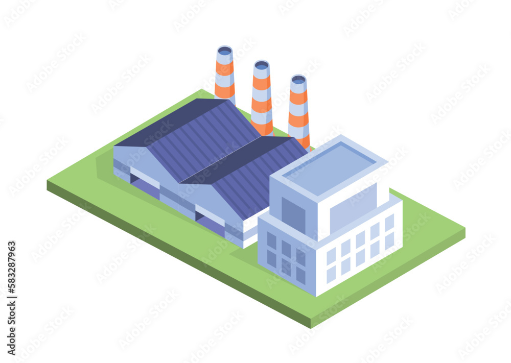 Power plant concept. Three buildings near three large water pipes, cooling system. Template, layout and mock up. Production of electricity. Cartoon isometric vector illustration Power plant concept. Three buildings near three large water pipes, cooling system. Template, layout and mock up. Production of electricity. Cartoon isometric vector illustration