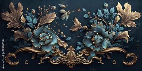 wallpaper of a rococo blooms flowers retro vibes scheme blue gold tone luxurious style background