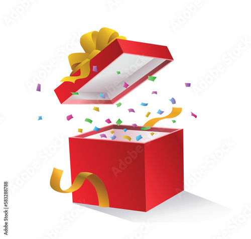 Opened gift box with confetti. Present or surprise in red package. Marketing poster or banner for website. Advertising and promotion of goods on Internet. Cartoon isometric vector illustration