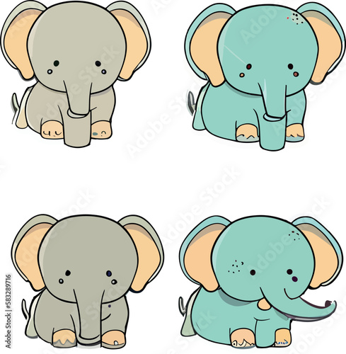 Funny elephant stickers in cartoon, doodle style. Vector Illustration