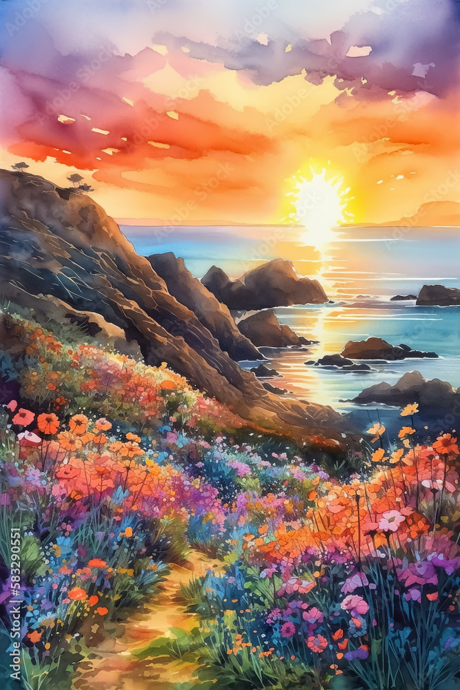 Painting Illustration of Colorful wildflowers along the Pacific Coast in California, Humanly enhanced and AI-Generated image.