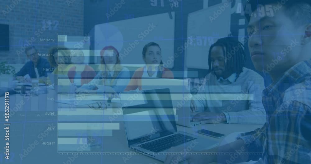 Animation of data processing over mid section of woman passing document to diverse colleagues
