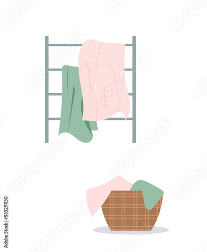 Bathroom clothes basket concept. Pink and green towels at, dirty and clean clothes, dryer. Poster or banner for website. Comfort and coziness. Cartoon flat vector illustration