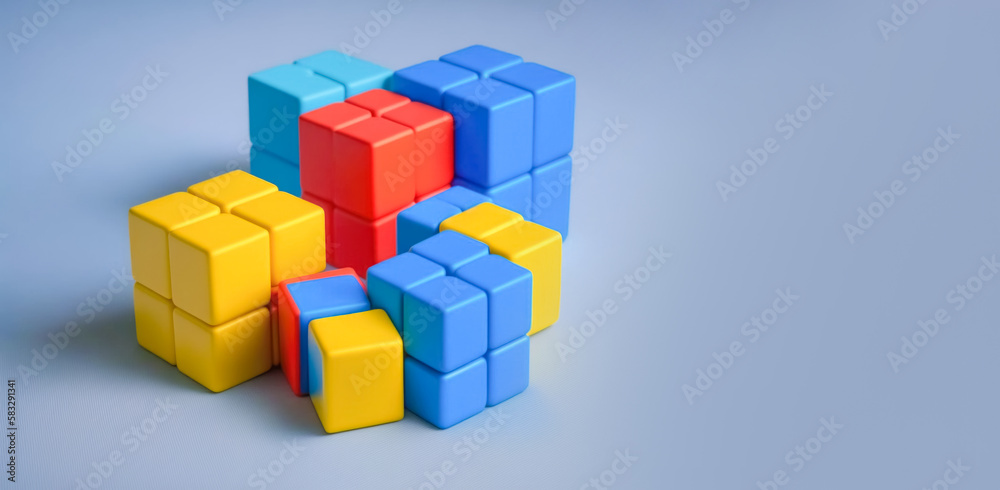 Obraz premium Cubes red blue and yellow, blue background copy space. Сhildren educational game, educational toys. Illustration, Generative AI