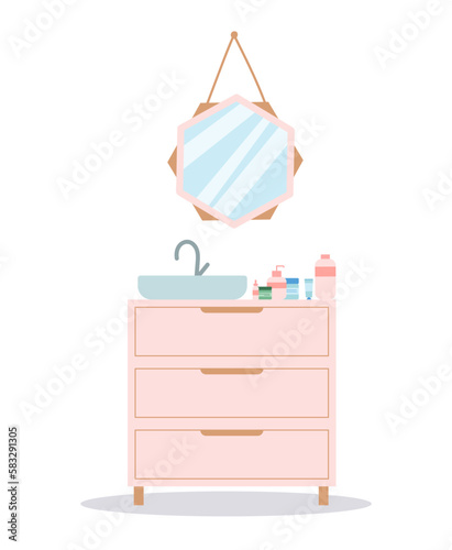 Bathroom nightstand concept. Pink furniture with sink and place for creams and lotions and mirror. Modern minimalistic interior. Fashion and trend. Cartoon flat vector illustration