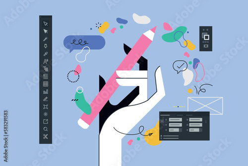Vector illustration of graphic design and development, design app, creativity. Creative concept for web banner, social media banner, business presentation, marketing material.