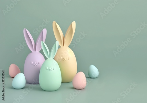 Fondo verde con con huevos de Pascua con orejas de conejo color pastel. 3d render realista. Generados con tecnología IA