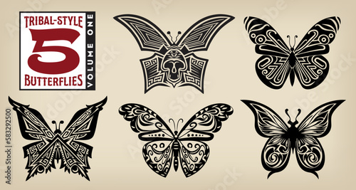 A collection of five varied styles of graphic butterfly vectors, constructed of ornate embellishments and stylized patterns. photo