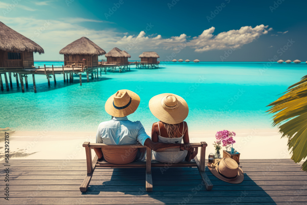 A couple relaxing on the idyllic beaches of the Maldives, surrounded by crystal clear waters and overwater bungalows - Generative AI - obrazy, fototapety, plakaty 