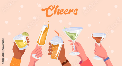 Cheers summer concept. Characters holding glass goblets with alcoholic drinks, juice and lemonade. Recreation in tropical and exotic countries. Cold lemonade. Cartoon flat vector illustration