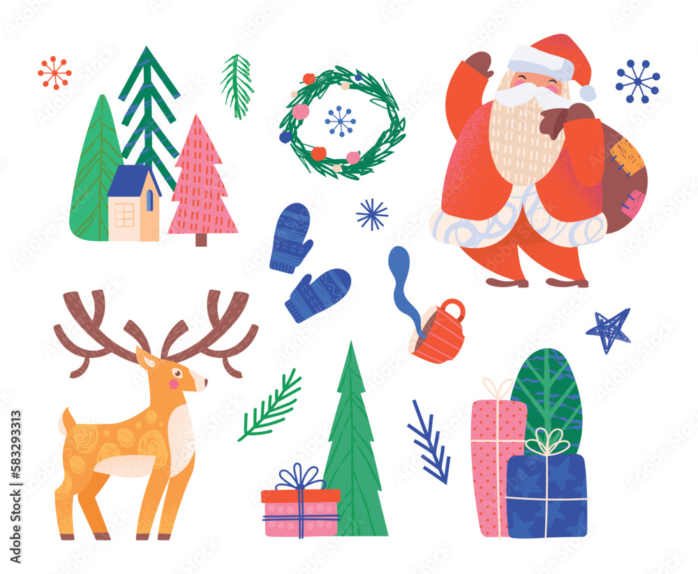 Fototapeta premium Christmas Scandi set. Collection of stickers for social networks and messengers. Santa with bag of gifts, reindeer and mittens. Cartoon flat vector illustrations isolated on white background