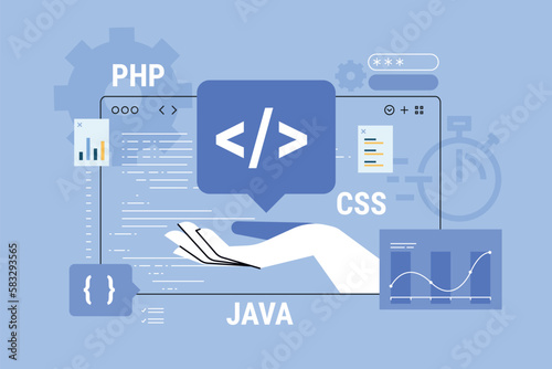 Vector illustration of web and app development, programming and coding. Creative concept for web banner, social media banner, business presentation, marketing material.