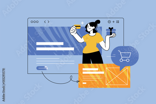 Vector illustration of online store, e-commerce, add to cart, shopping and payment. Creative concept for web banner, social media banner, business presentation, marketing material.