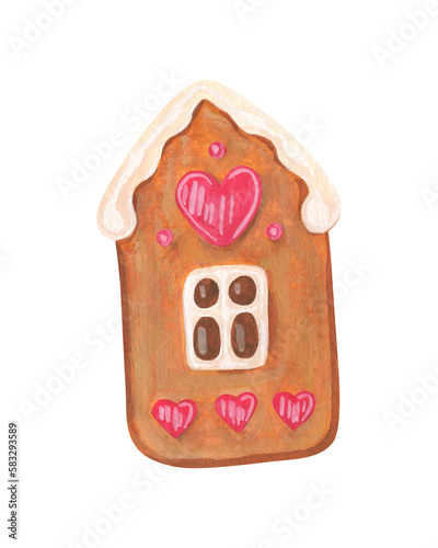 Isolated watercolor and gouache elements. Gingerbread. Gingerbread in the form of a house. Bakery products. Valentine's day. Painting. Color illustration. The print is used for packaging design.