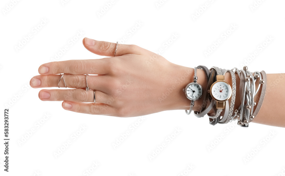 Fototapeta premium Woman with stylish wristwatches on white background