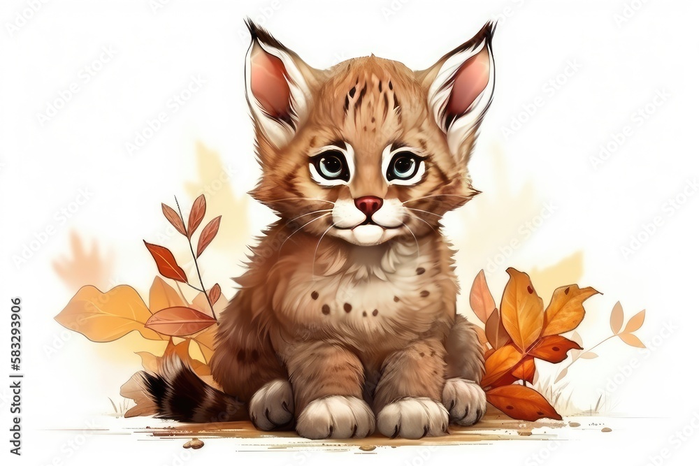 Cartoon cute lovely Baby Bobcat floral.