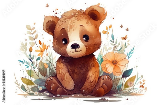 Cartoon cute lovely Baby Brown Bear floral