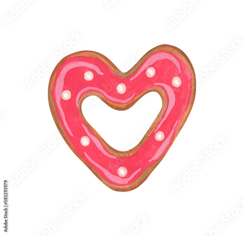 Isolated watercolor and gouache elements. Gingerbread. Gingerbread in the form of a heart. Bakery products. Valentine's day. Painting. Color illustration. The print is used for packaging design.