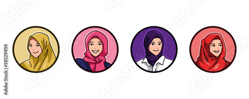 set avatar of a female characters with an Islamic veil, headscarf, hijab, chador. round, circle icon for social media, user profile, website, app. Line cartoon style. vector illustration.