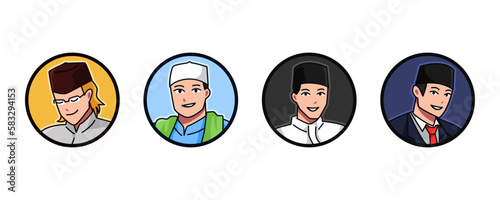 set avatar of a Muslim male characters wearing a Muslim cap, kopiah, songkok. round, circle icon for social media, user profile, website, app. Line cartoon style. vector illustration.