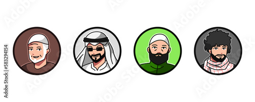 set avatar of muslim male characters with muslim cap, keffiyeh. round, circle icon for social media, user profile, website, app. Line cartoon style. vector illustration.