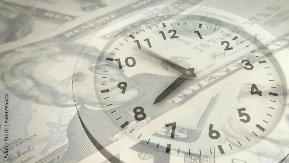 Animation of clock over dollar banknotes on white background Animation of clock over dollar banknotes on white background