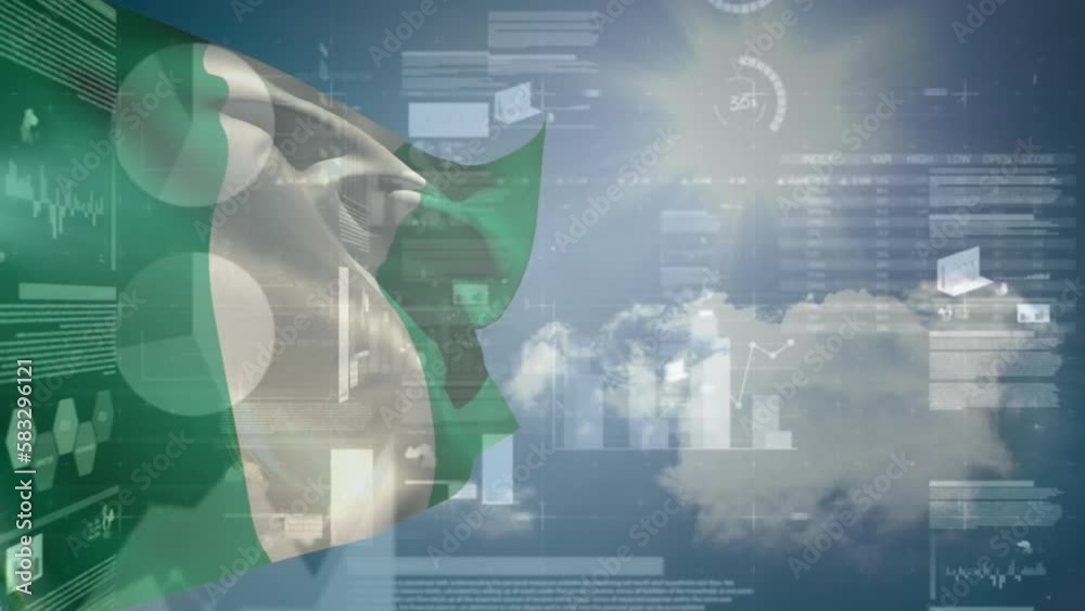 Animation of data processing and flag of nigeria over clouds and sun