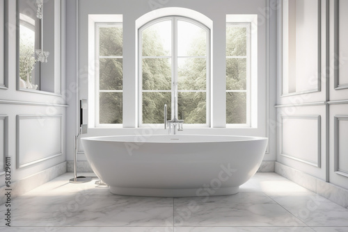 Luxury bathroom with windows. Modern big bathtub and marble tiles. AI