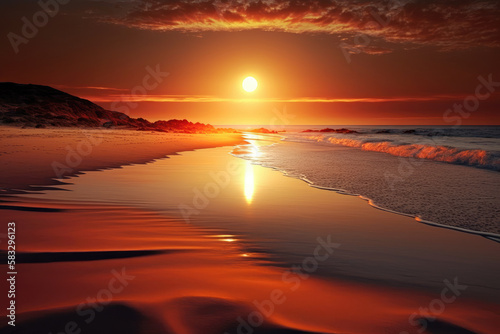 a peaceful beach with the sun setting over the ocean, casting a warm orange glow over the water - Generative AI © Florian