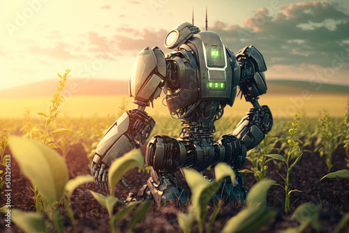 a robotic farmer tending to a field of crops - Generative AI © Florian