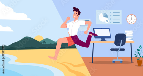 Man hurry to rest. Young guy runs from office to sea. Overworked employee on vacation in tropical and exotic country. Office worker running from workplace to summer. Cartoon flat vector illustration photo