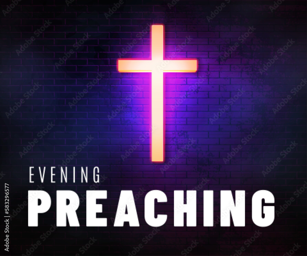 Fototapeta premium Evening preaching background. Christian cyberpunk web banner with glowing neon cross.