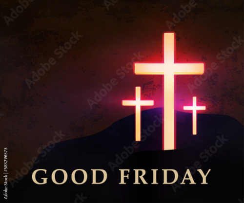 Good Friday background with glowing Christian crosses and Calvary silhouette