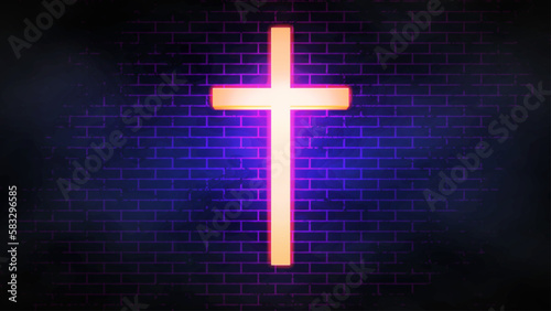 Cinematic cyberpunk christian wide banner with a holy shrine of a neon glowing cross