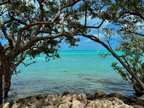 Fototapeta Naklejka Na Ścianę i Meble -  Turquoise waters wash up on the Florida Keys by a pulloff of the Overseas Highway
