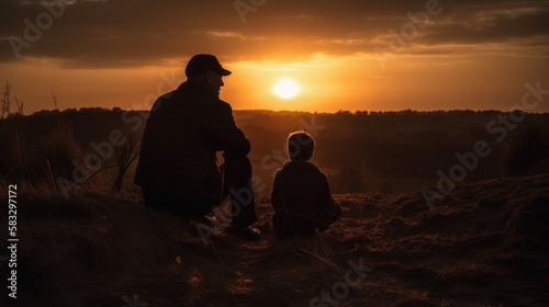 Sunset Silhouettes  A Father and Son s Timeless Bond Golden hour best moments  GENERATIVE AI
