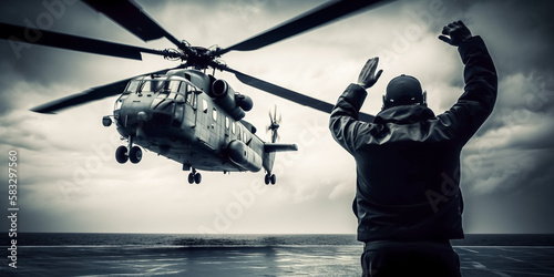 Signal man give a signal to anti-submarine warfare helicopter on the aviation deck of aircraft carrier. digital ai art photo