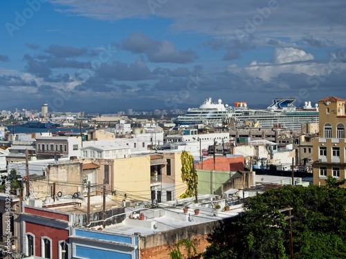 Looking over Old San Juan and the Bahía de San Juan, as cruise ships arrive at the cruise ship port.