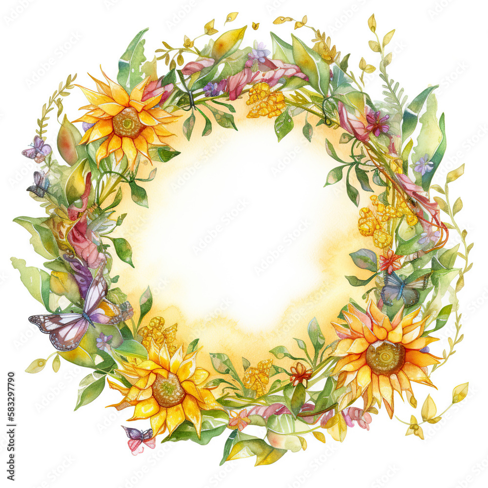 A wreath of summer flowers watercolor, Generative AI