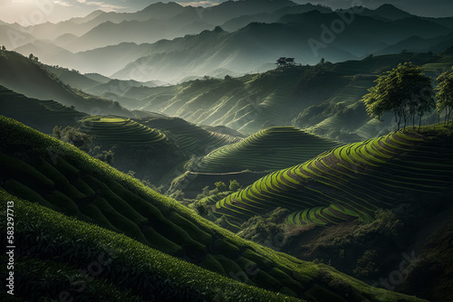 green rice fields in the mountains Generative AI photo