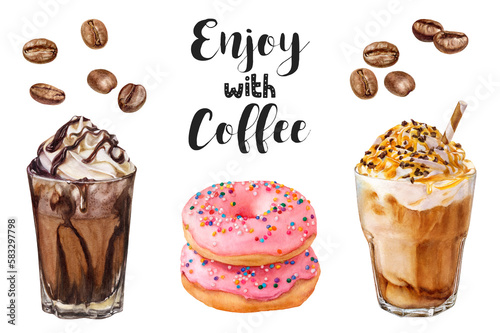 Watercolor illustration of coffee and desserts close up. A hand-drawn set of drinks, coffee and desserts. Design template for packaging, menu, postcards photo