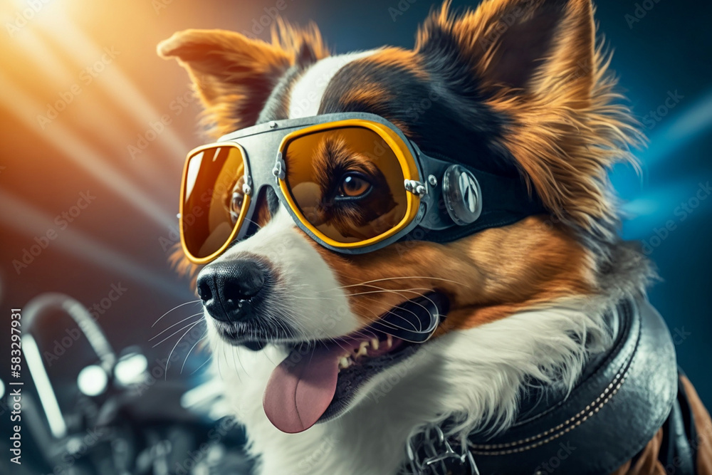 Cute funny dog wearing sunglasses, dog fashion, gradient background. Generative AI